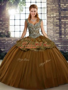 Brown Ball Gowns Straps Sleeveless Tulle Floor Length Lace Up Beading and Appliques Ball Gown Prom Dress