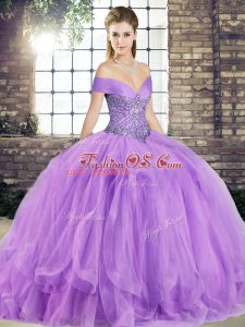 Free and Easy Sleeveless Tulle Floor Length Lace Up 15th Birthday Dress in Lavender with Beading and Ruffles