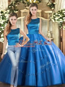 Appliques Ball Gown Prom Dress Blue Lace Up Sleeveless Floor Length