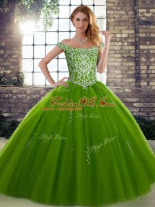 Olive Green Tulle Lace Up Quinceanera Dress Sleeveless Floor Length Beading