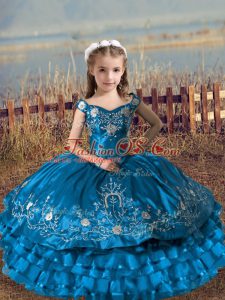 Blue Sleeveless Satin and Organza Lace Up Girls Pageant Dresses for Wedding Party