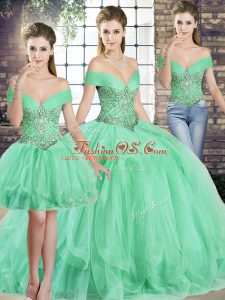 Comfortable Floor Length Apple Green Quinceanera Dress Tulle Sleeveless Beading and Ruffles