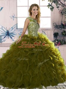 Olive Green Quince Ball Gowns Military Ball and Sweet 16 and Quinceanera with Beading and Ruffles Scoop Sleeveless Lace Up