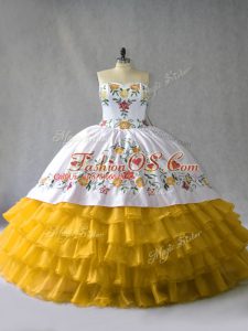 Gold Sleeveless Embroidery and Ruffled Layers Floor Length Sweet 16 Quinceanera Dress