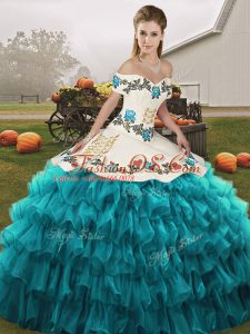Teal Sweet 16 Dresses Military Ball and Sweet 16 and Quinceanera with Embroidery and Ruffled Layers Off The Shoulder Sleeveless Lace Up