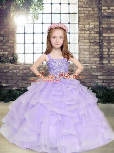 Eye-catching Sleeveless Tulle Floor Length Lace Up Little Girls Pageant Dress in Lavender with Beading and Ruffles