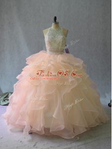 Elegant Peach Two Pieces Beading and Ruffles Sweet 16 Dress Backless Organza Sleeveless