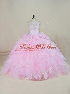 Custom Fit Pink Ball Gown Prom Dress Sweet 16 and Quinceanera with Beading and Ruffles Scoop Sleeveless Brush Train Backless