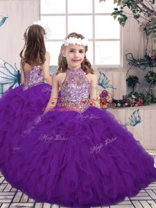 Floor Length Purple Winning Pageant Gowns High-neck Sleeveless Lace Up