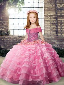Ball Gowns Sleeveless Rose Pink Little Girl Pageant Gowns Brush Train Lace Up
