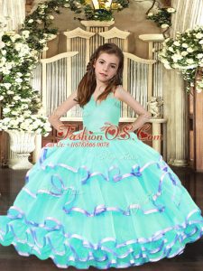 Popular Sleeveless Floor Length Ruffled Layers Lace Up Little Girls Pageant Gowns with Aqua Blue