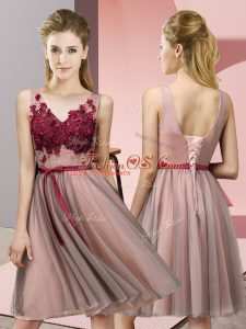 Knee Length Empire Sleeveless Baby Pink Vestidos de Damas Lace Up