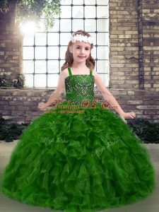 Sleeveless Organza Floor Length Lace Up Little Girl Pageant Gowns in Green with Beading
