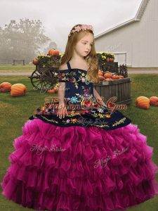 Fuchsia Sleeveless Embroidery and Ruffles Floor Length Child Pageant Dress
