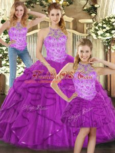 Trendy Purple Tulle Lace Up Halter Top Sleeveless Quinceanera Dresses Beading and Ruffles