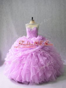 Glorious Lilac Scoop Lace Up Beading and Ruffles Quinceanera Gown Brush Train Sleeveless