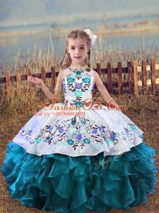 Teal Sleeveless Floor Length Embroidery and Ruffles Lace Up Little Girls Pageant Gowns