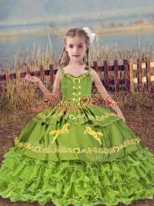 Olive Green Organza Lace Up Pageant Gowns For Girls Sleeveless Floor Length Beading and Embroidery and Ruffled Layers