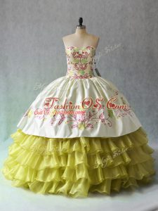 Chic Yellow Green Organza Lace Up 15th Birthday Dress Sleeveless Floor Length Beading and Ruffled Layers