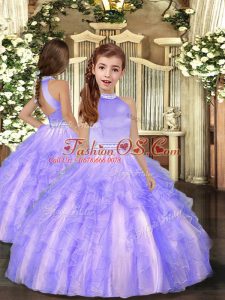 Lavender Tulle Backless High-neck Sleeveless Floor Length Kids Formal Wear Beading and Ruffles