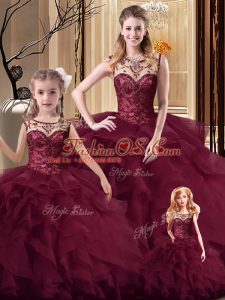 Classical Brush Train Ball Gowns Sweet 16 Dress Burgundy Scoop Tulle Sleeveless Lace Up