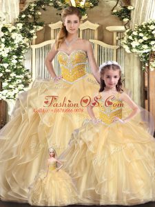 Champagne Ball Gowns Organza Sweetheart Sleeveless Beading and Ruffles Floor Length Lace Up Sweet 16 Quinceanera Dress