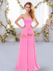 High Class Sleeveless Chiffon Floor Length Lace Up Quinceanera Court of Honor Dress in Rose Pink with Ruching