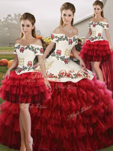 Artistic Off The Shoulder Sleeveless Lace Up Quinceanera Gowns Wine Red Organza