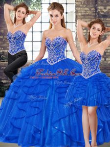 Custom Designed Royal Blue Sleeveless Floor Length Beading and Ruffles Lace Up Sweet 16 Dresses