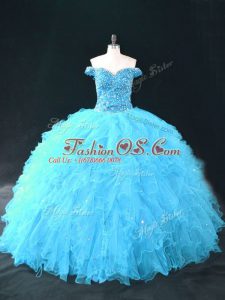 Tulle Off The Shoulder Sleeveless Lace Up Beading and Ruffles Quinceanera Dresses in Aqua Blue