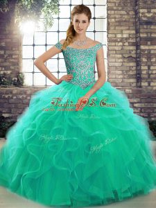 Charming Turquoise Off The Shoulder Neckline Beading and Ruffles 15 Quinceanera Dress Sleeveless Lace Up