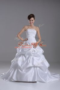 Ideal Sleeveless Taffeta Brush Train Lace Up Wedding Gowns in White with Beading and Pick Ups