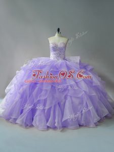Fashionable Sweetheart Sleeveless Sweet 16 Dresses Brush Train Beading and Ruffles Lavender Organza