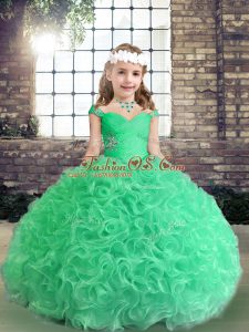 Apple Green Sleeveless Floor Length Beading Lace Up Little Girls Pageant Dress