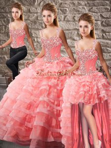 Watermelon Red Sweet 16 Quinceanera Dress Straps Sleeveless Court Train Lace Up