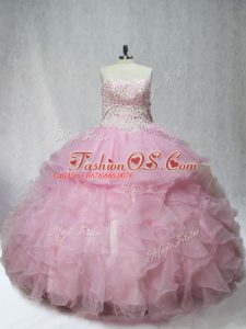 Pink Mermaid Sweetheart Sleeveless Organza Floor Length Lace Up Beading and Ruffles Quinceanera Dress