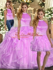 Pretty Lilac Three Pieces Halter Top Sleeveless Organza Floor Length Lace Up Beading and Ruffles 15th Birthday Dress