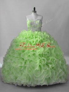 Chic Lace Up Sweetheart Beading Quince Ball Gowns Fabric With Rolling Flowers Sleeveless Brush Train