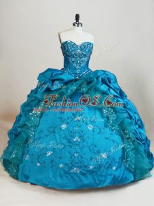 Sexy Teal Taffeta Lace Up Sweet 16 Dress Sleeveless Floor Length Beading and Embroidery and Pick Ups