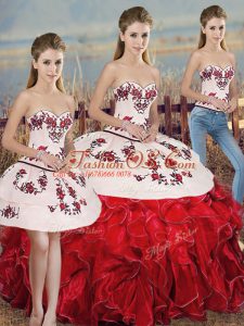 Sleeveless Floor Length Embroidery and Ruffles and Bowknot Lace Up Quinceanera Dress with White And Red