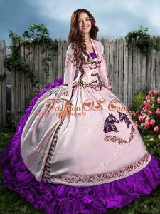 Fantastic Satin Sweetheart Sleeveless Lace Up Embroidery and Ruffles Sweet 16 Quinceanera Dress in Purple