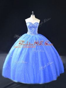 Fine Blue Lace Up Quinceanera Dresses Beading Sleeveless Floor Length
