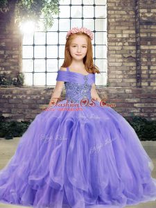 Fantastic Sleeveless Taffeta and Tulle Floor Length Lace Up Little Girls Pageant Dress in Lavender with Beading