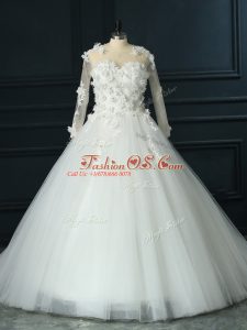 Dynamic Scoop 3 4 Length Sleeve Wedding Gown Court Train Lace and Appliques White Tulle
