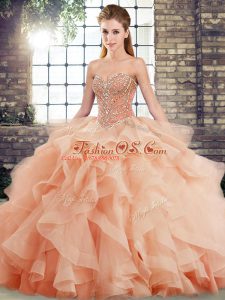 Designer Sweetheart Sleeveless Ball Gown Prom Dress Brush Train Beading and Ruffles Peach Tulle