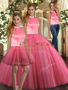 Nice Beading Sweet 16 Dress Coral Red Backless Sleeveless Floor Length