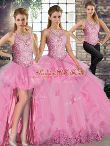 Rose Pink Sleeveless Tulle Lace Up Quinceanera Dresses for Military Ball and Sweet 16 and Quinceanera