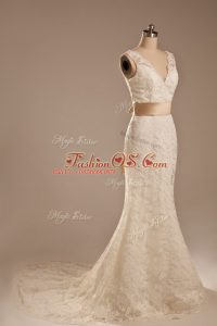 Perfect White Wedding Gowns V-neck Sleeveless Brush Train Backless