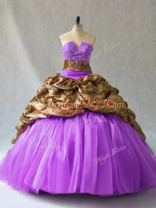 Fantastic V-neck Sleeveless Sweet 16 Quinceanera Dress Floor Length Beading and Pick Ups Lavender Organza and Printed