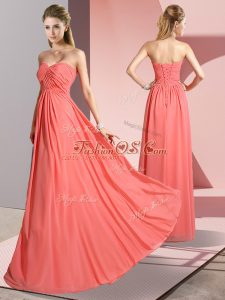 Sweetheart Sleeveless Prom Dress Floor Length Ruching Watermelon Red Chiffon